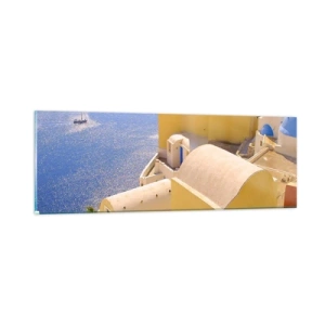 Billede på glas - Græsk landskab i hvid og blå - 90x30 cm