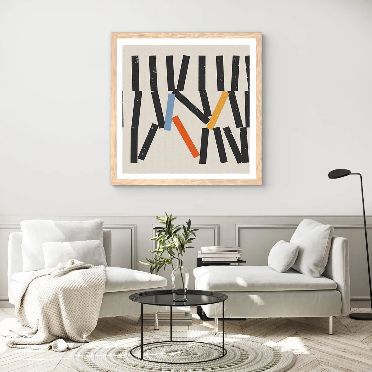 Plakat i ramme af lyst egetræ - Dominoer - komposition - 60x60 cm