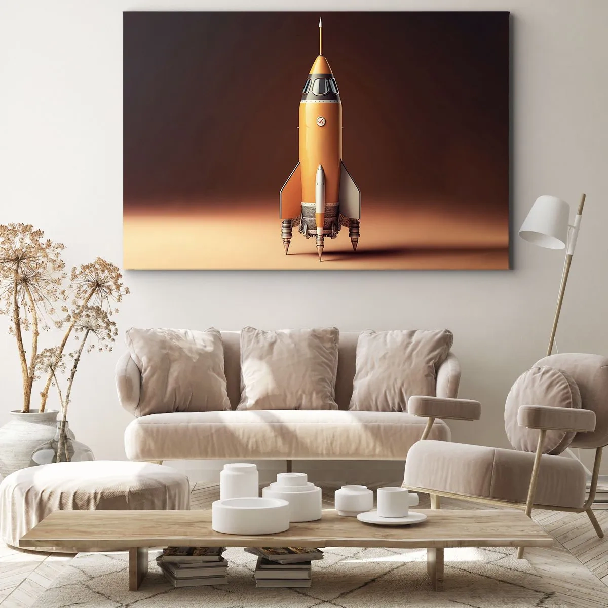 Lærredstryk - Billede på lærred - En raket i retrostil mod en baggrund af brune toner - 70x50cm - Det begynder med en drøm - Moderne vægdekoration til stue og soveværelse ARTTOR