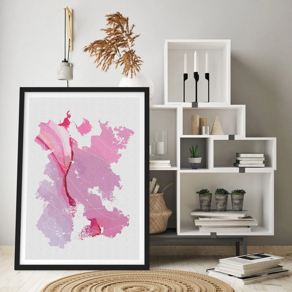 Plakat i sort ramme - Abstrakt kort i nuancer af lyserød og lilla - 50x70cm - Kort over en lyserød verden - Moderne vægdekoration til stue og soveværelse ARTTOR