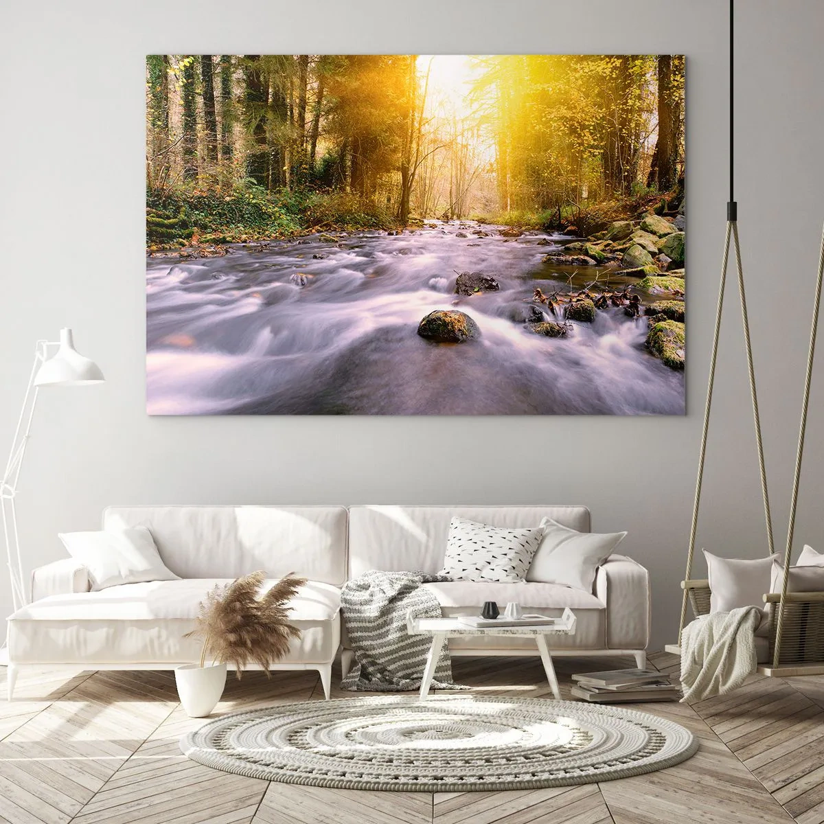 Billede på glas - Skovbæk i sollys - 70x50cm - Malachit i sølv- og guldfatning - Moderne vægdekoration til stue og soveværelse ARTTOR