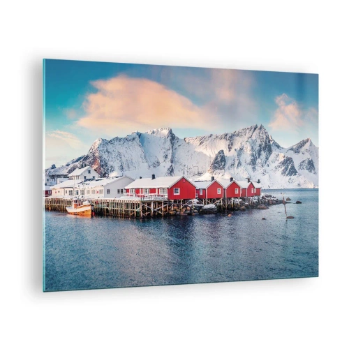 Billede på glas - Røde fiskerhuse ved fjorden med bjerge i baggrunden - 70x50cm - Nordlig tilbagetrækning - Moderne vægdekoration til stue og soveværelse ARTTOR