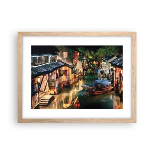 Plakat i ramme af lyst egetræ - En aften på en kinesisk gade - 40x30 cm
