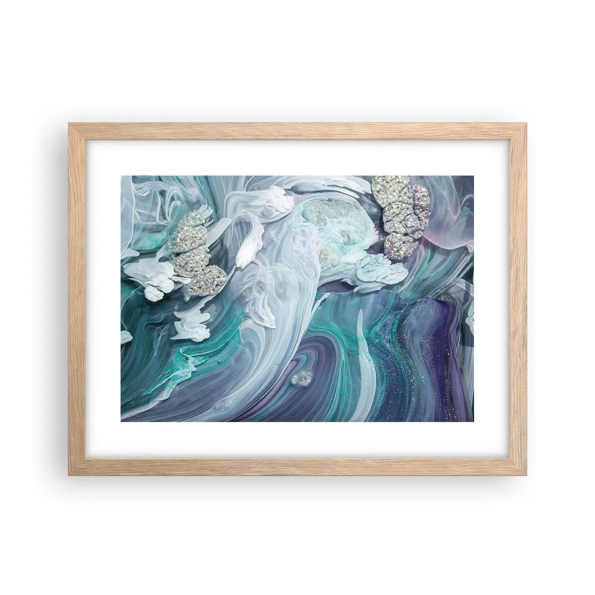 Plakat i ramme af lyst egetræ - Strømme af blå - 40x30 cm