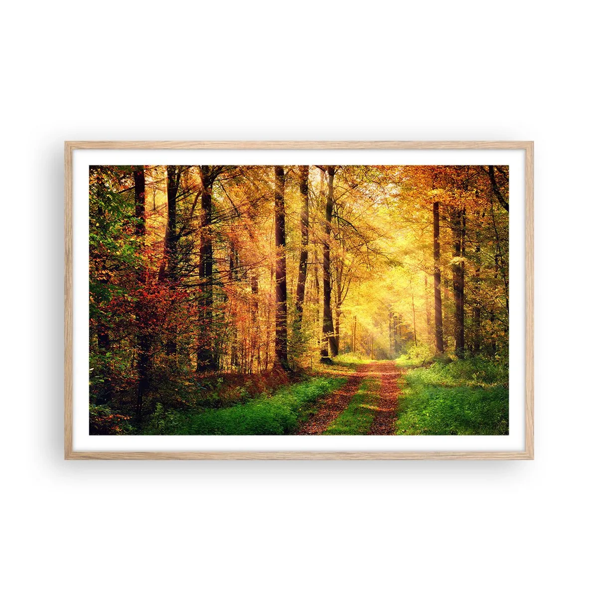Plakat i ramme af lyst egetræ - Skovgylden stilhed - 91x61 cm
