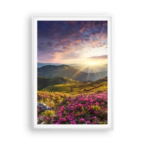 Plakat i hvid ramme - Friskheden af en morgen i bjergene - 70x100 cm
