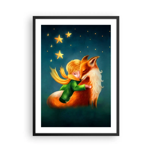 Plakat i sort ramme - En figur med en ræv i et magisk stjernesceneri - 50x70cm - Lille Prins - Moderne vægdekoration til stue og soveværelse ARTTOR