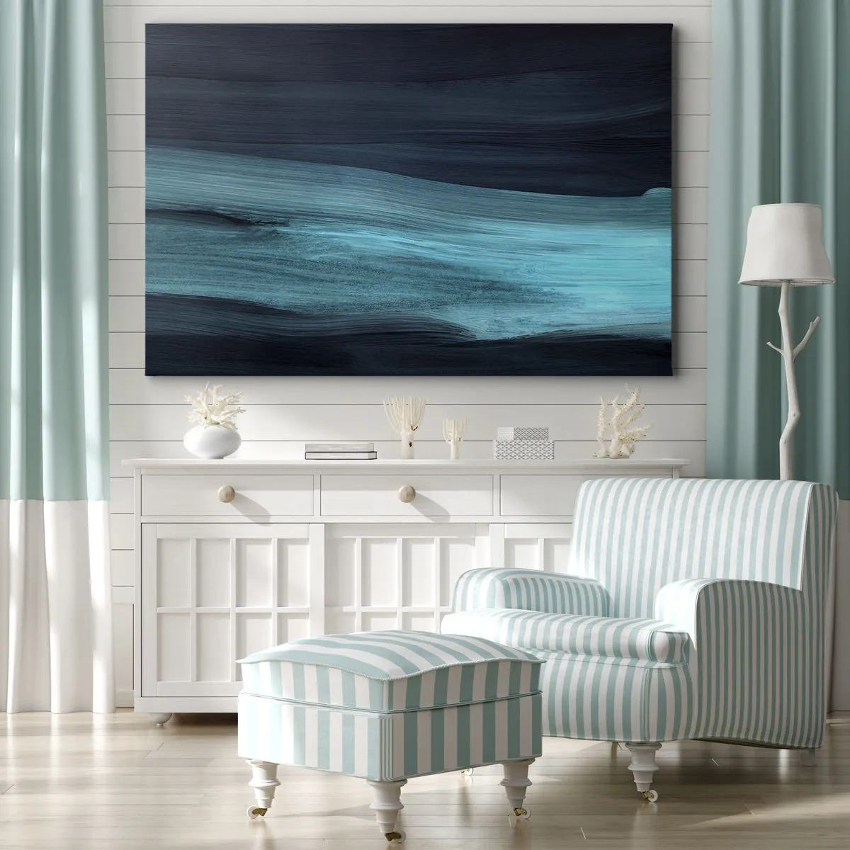 Lærredstryk - Billede på lærred - Subtile abstrakte bølger i mørke blå nuancer - 70x50cm - Svøm med strømmen - Moderne vægdekoration til stue og soveværelse ARTTOR