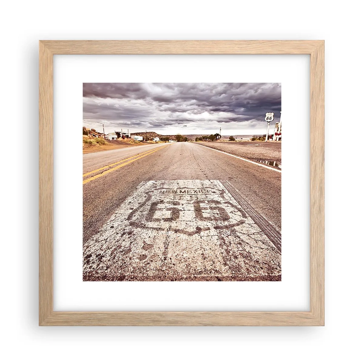 Plakat i ramme af lyst egetræ - Mother Road - amerikansk legende - 30x30 cm