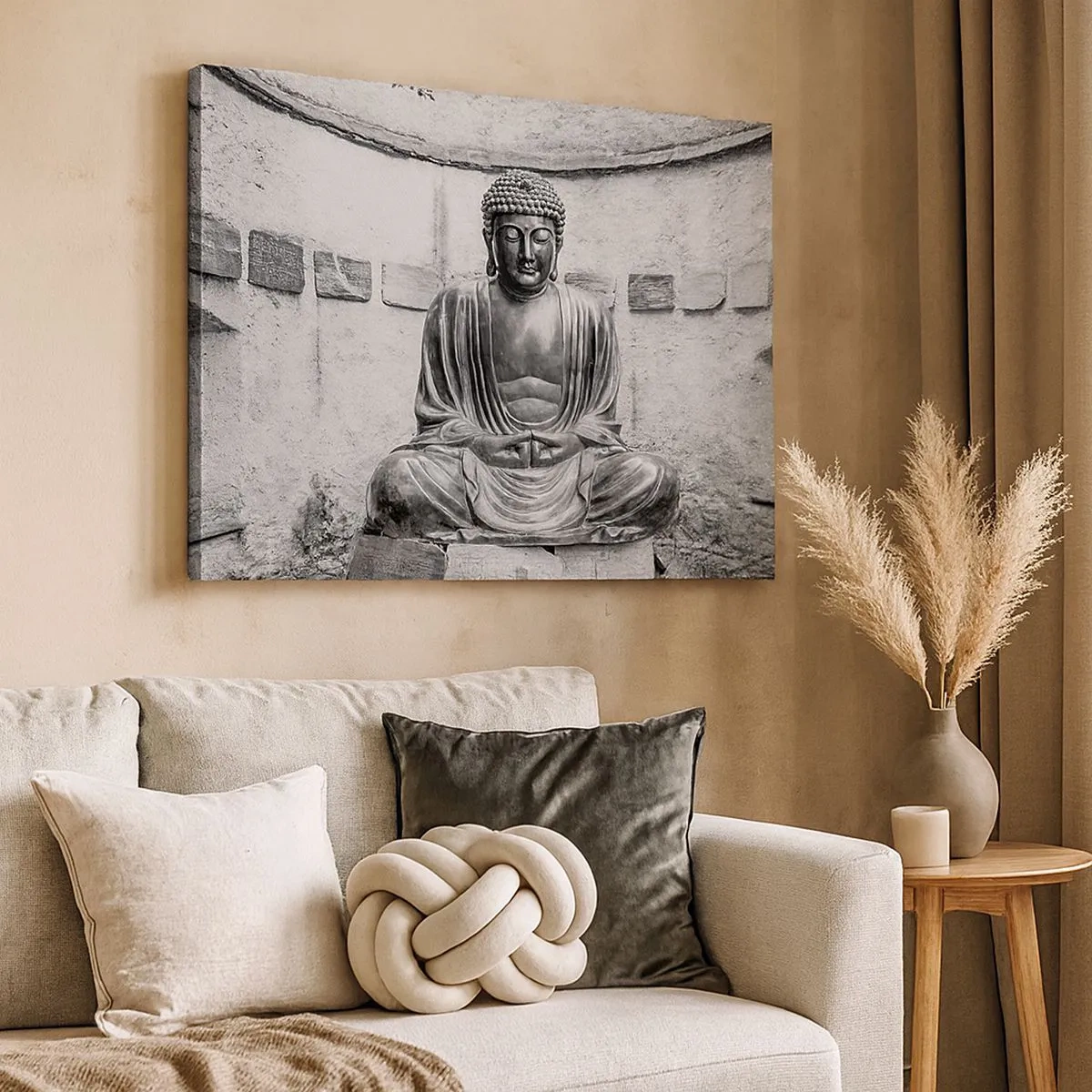 Lærredstryk - Billede på lærred - Sort og hvid Buddha-statue i en meditativ positur - 70x50cm - Ved fredens kilde - Moderne vægdekoration til stue og soveværelse ARTTOR