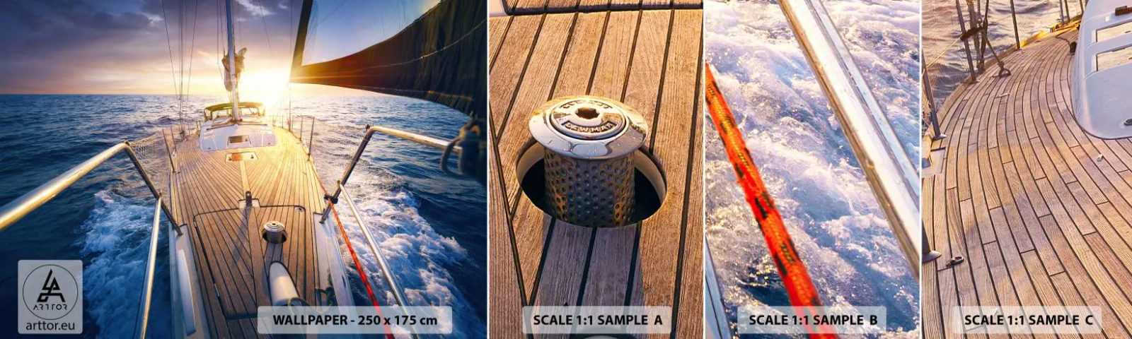 Prøve Fototapet Selvklæbende Deluxe Sticker - Løber på bølgerne - Sejlbåd, Hav, sejlads - 100x30 cm