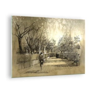 Billede på glas - En tegning af en park med stier og gående mennesker - 70x50cm - Et øjeblik med fjer - Moderne vægdekoration til stue og soveværelse ARTTOR