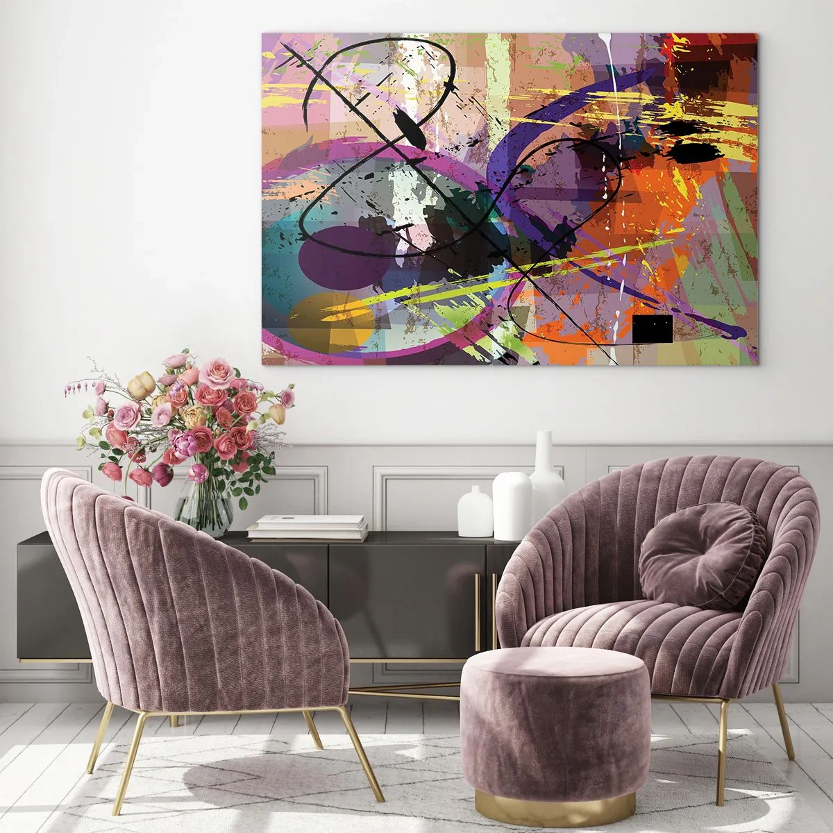 Billede på glas - Farverige abstrakte former og linjer i en dynamisk komposition - 70x50cm - Kan være lige eller rundt - Moderne vægdekoration til stue og soveværelse ARTTOR