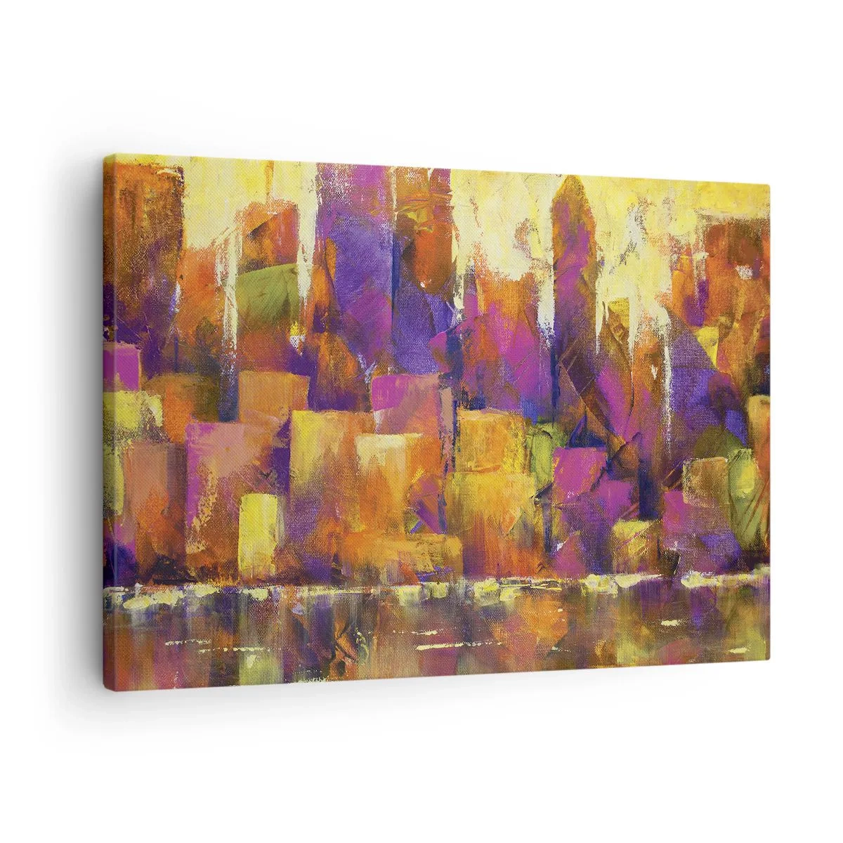 Lærredstryk - Billede på lærred - Abstrakt komposition af en metropol i gule og lilla nuancer - 70x50cm - Metropolitansk sammensætning - Moderne vægdekoration til stue og soveværelse ARTTOR