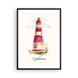 Plakat i sort ramme - Akvarel illustration af et fyrtårn på en lys baggrund - 50x70cm - Altid vejret omkring - Moderne vægdekoration til stue og soveværelse ARTTOR