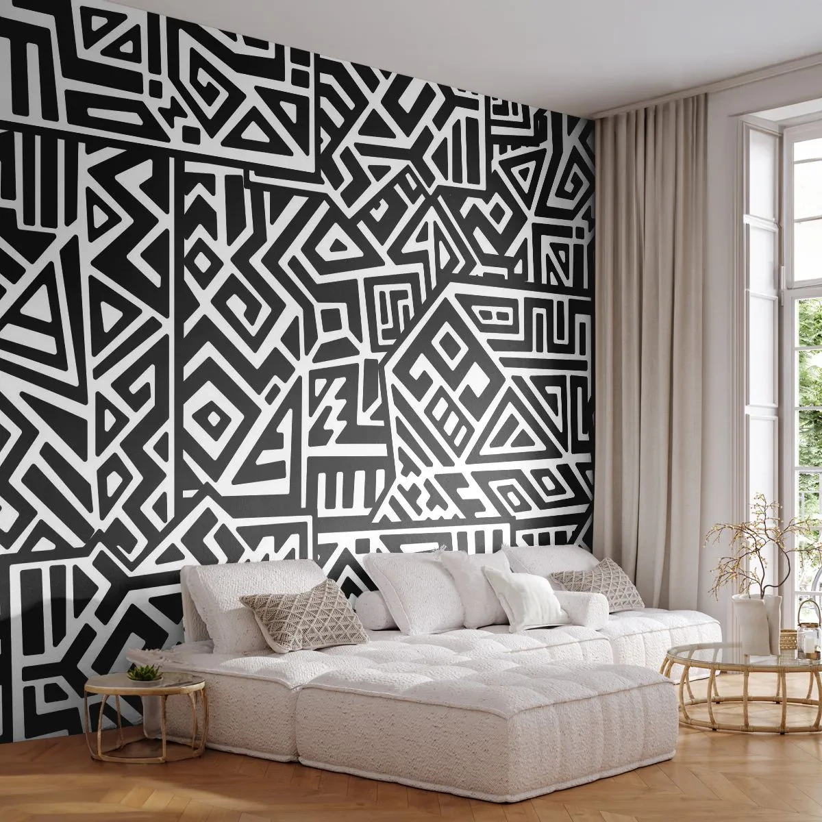 Fototapet Selvklæbende Deluxe Sticker - Præcolumbiansk sammensætning - Abstraktion, Stykke, Sort og hvid - 250x175 cm