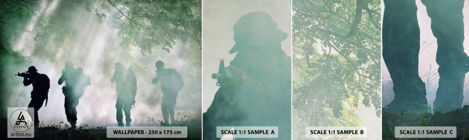 Prøve Fototapet Selvklæbende Deluxe Sticker - En for alle... - Soldat, Våben, Riffel - 100x30 cm