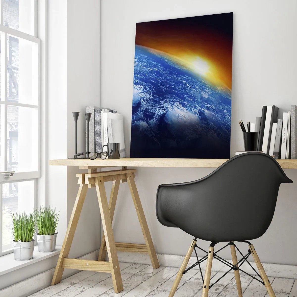 Billede på glas - Solopgang over den blå planet - 50x70 cm