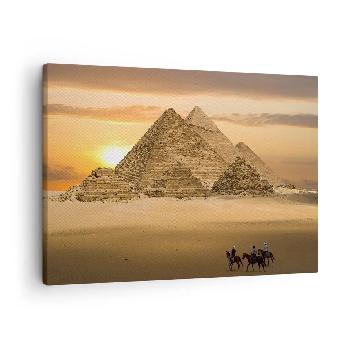 Lærredstryk - Billede på lærred - Pyramider i Egypten ved solnedgang med ryttere på heste - 70x50cm - Uændret i tusindvis af år - Moderne vægdekoration til stue og soveværelse ARTTOR