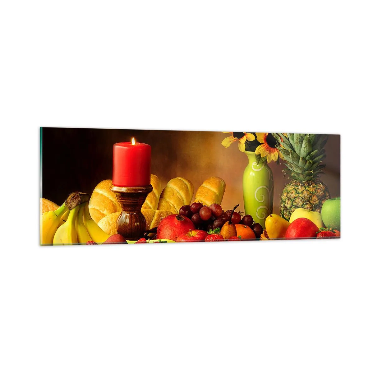 Billede på glas - Stilleben med brød og frugt - 90x30 cm