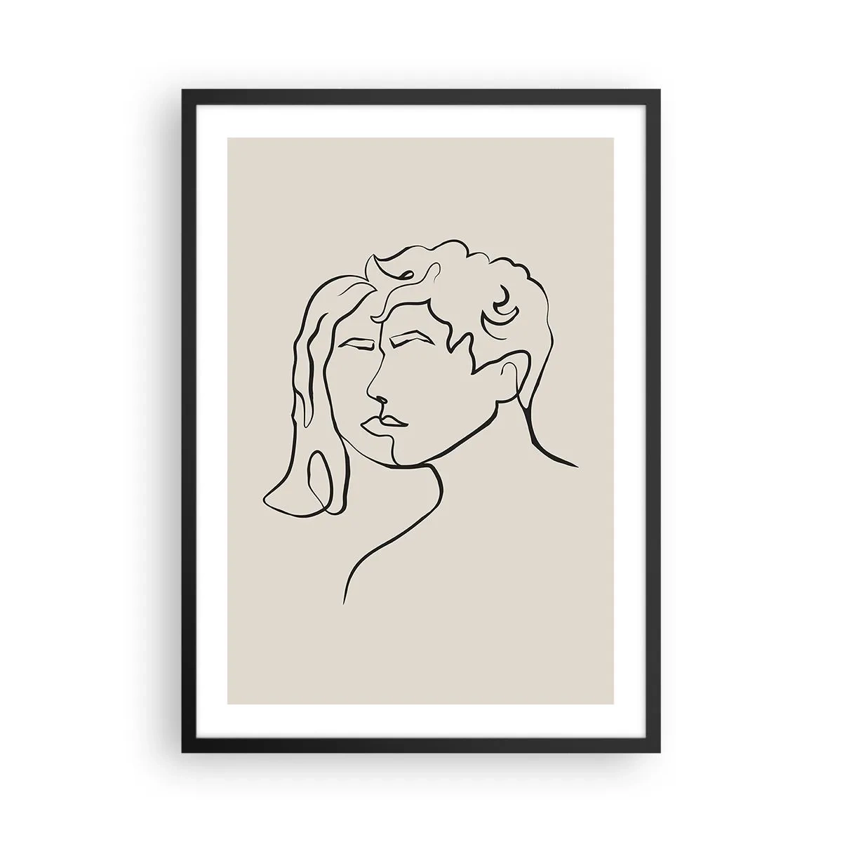 Plakat i sort ramme - En minimalistisk skitse af et pars ansigter på en beige baggrund. - 50x70cm - Og enhed er blevet til - Moderne vægdekoration til stue og soveværelse ARTTOR