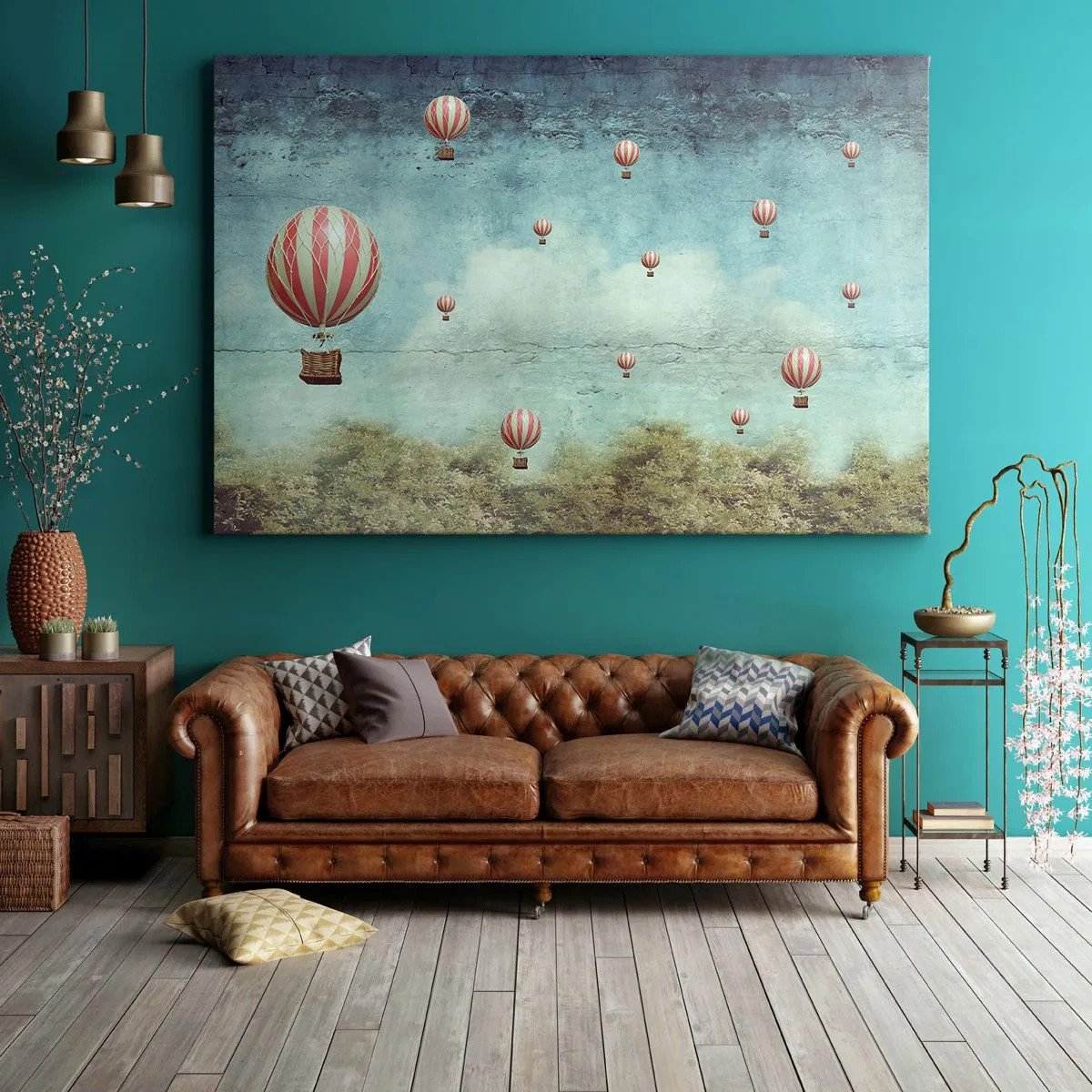 Lærredstryk - Billede på lærred - Retro balloner mod en blå himmel og grøn baggrund - 70x50cm - Fri fra livets travlhed og travlhed - Moderne vægdekoration til stue og soveværelse ARTTOR