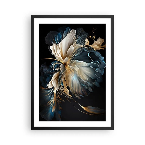 Plakat i sort ramme - Et elegant abstrakt blomsterarrangement i guld og marineblå. - 50x70cm - Eventyrlig bregneblomst - Moderne vægdekoration til stue og soveværelse ARTTOR