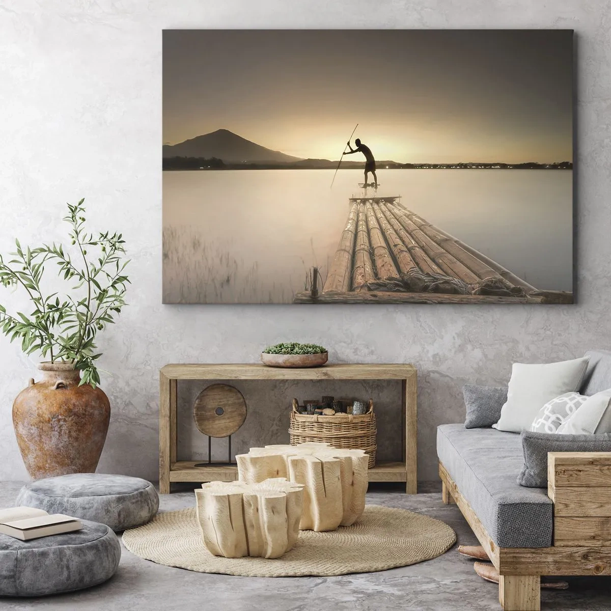 Lærredstryk - Billede på lærred - Mand på en tømmerflåde ved solnedgang - 70x50cm - Før du hviler - Moderne vægdekoration til stue og soveværelse ARTTOR