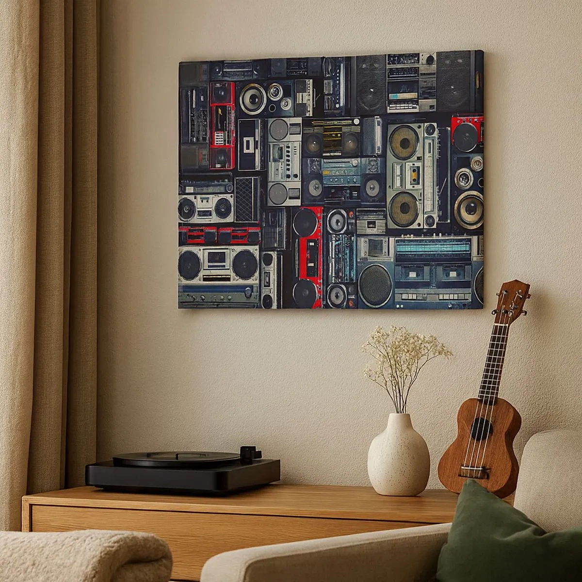 Lærredstryk - Billede på lærred - En collage af retro båndoptagere og vintage højttalere. - 70x50cm - Nostalgi for 1980'erne. - Moderne vægdekoration til stue og soveværelse ARTTOR