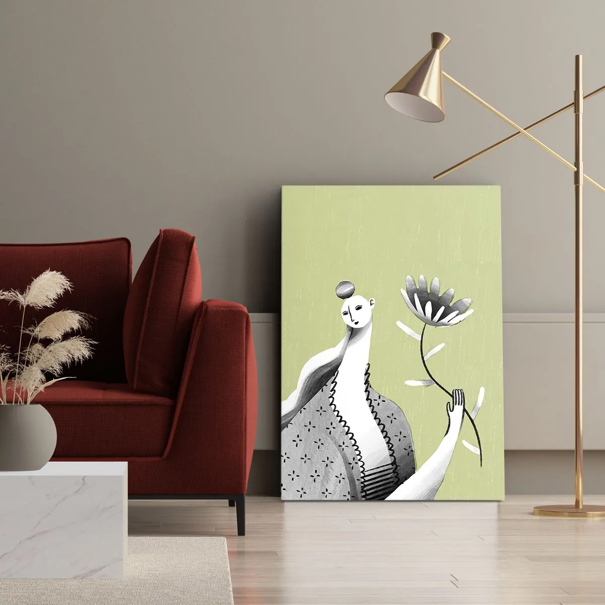 Lærredstryk - Billede på lærred - Modernistisk portræt - holder en blomst - 45x80 cm