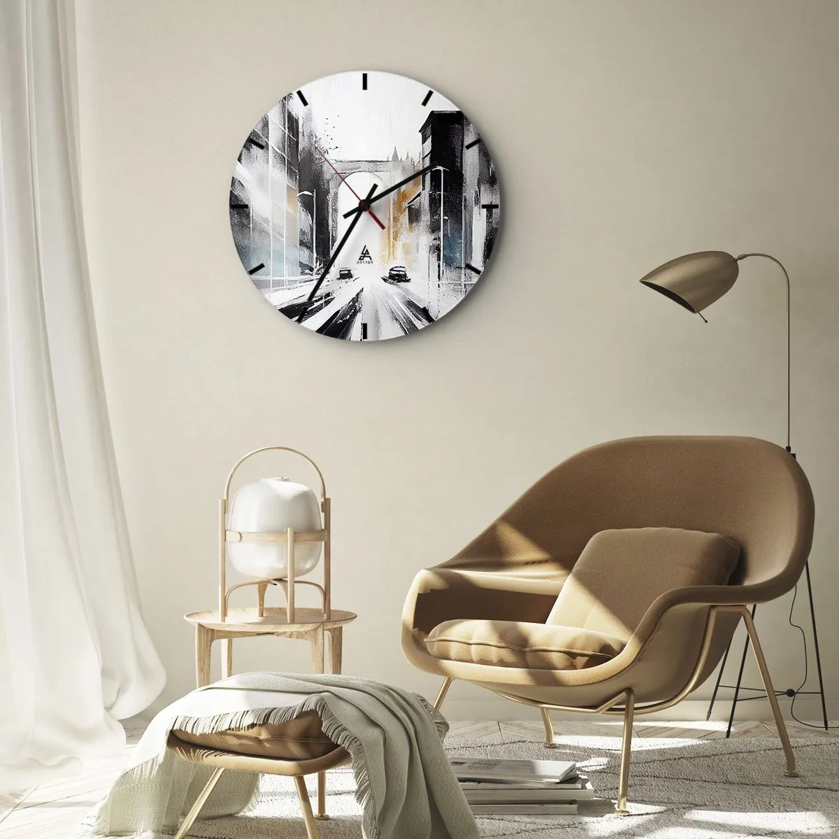 Vægur, Uret - En malerisk vision af en bygade med biler og bygninger - 30x30cm - Bystudie: arkitektur og bevægelse - Moderne vægdekoration til stue, køkken og soveværelse ARTTOR