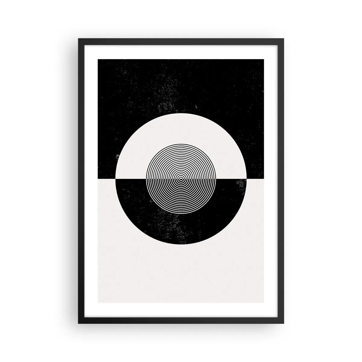 Plakat i sort ramme - Geometrisk mønster i sort og hvid med en koncentrisk cirkel - 50x70cm - Harmoni i sort og hvidt - Moderne vægdekoration til stue og soveværelse ARTTOR
