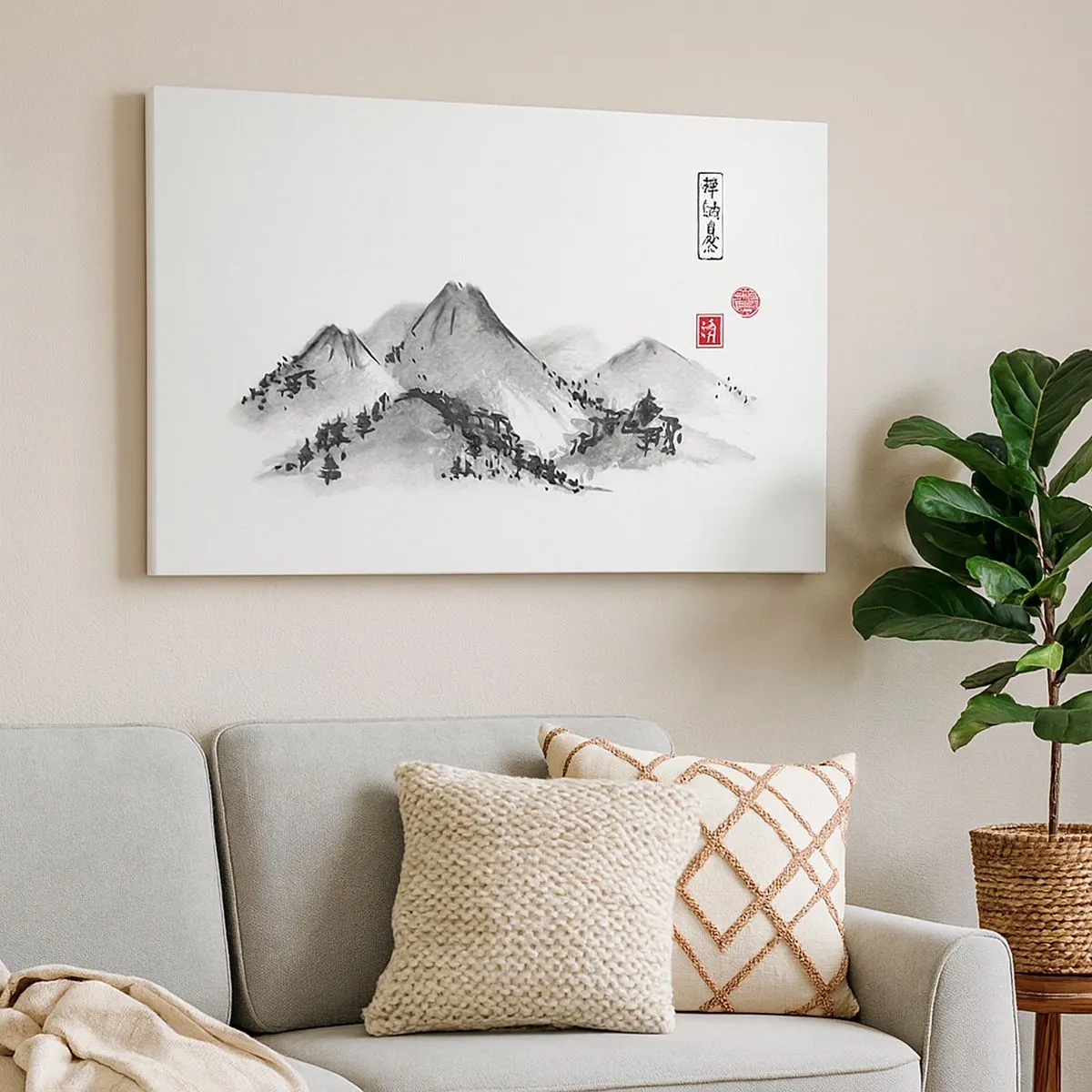 Lærredstryk - Billede på lærred - Traditionelt bjerglandskab i stil med japansk blækmaleri - 70x50cm - Langt væk - Moderne vægdekoration til stue og soveværelse ARTTOR