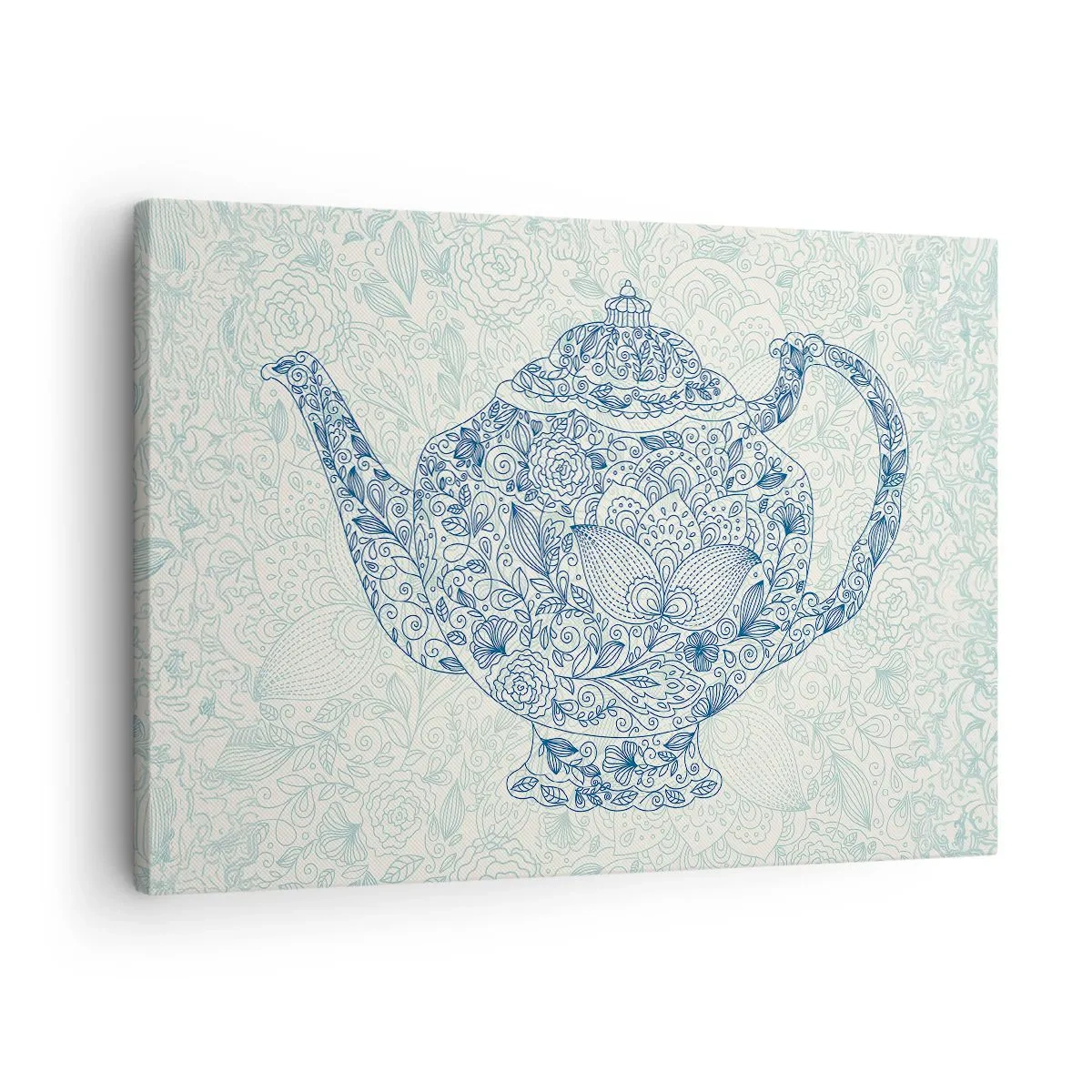 Lærredstryk - Billede på lærred - Dekorativ tegning af en tekande med blå ornamenter - 70x50cm - Teens charme - Moderne vægdekoration til stue og soveværelse ARTTOR