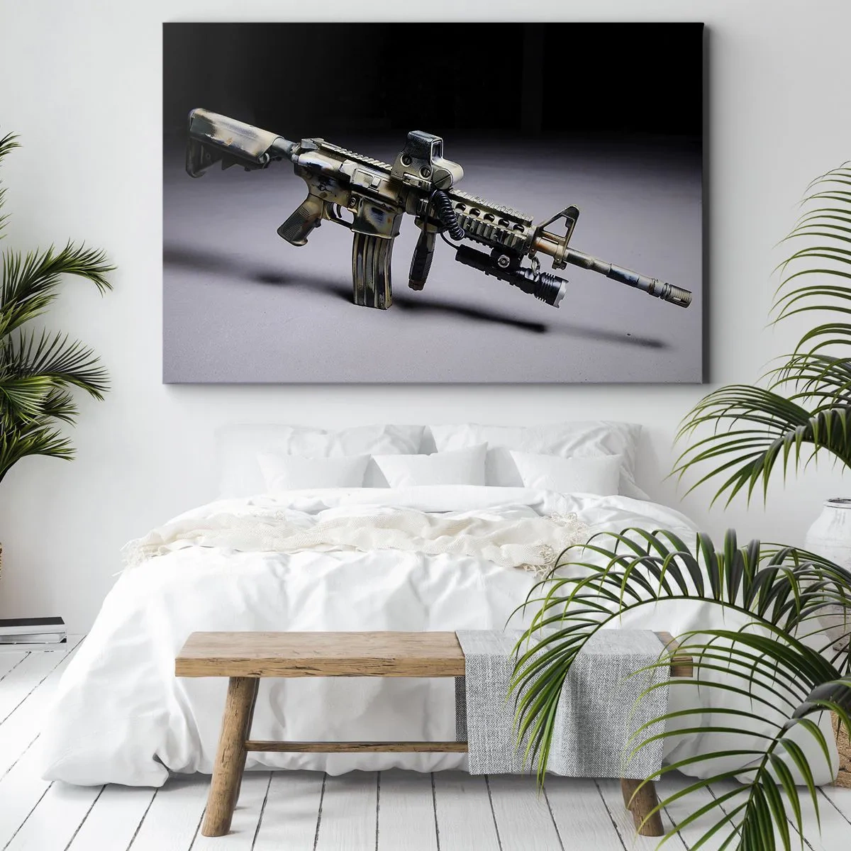 Lærredstryk - Billede på lærred - Moderne våben i camouflagefarve på en mørk baggrund - 70x50cm - Altid farlig - Moderne vægdekoration til stue og soveværelse ARTTOR