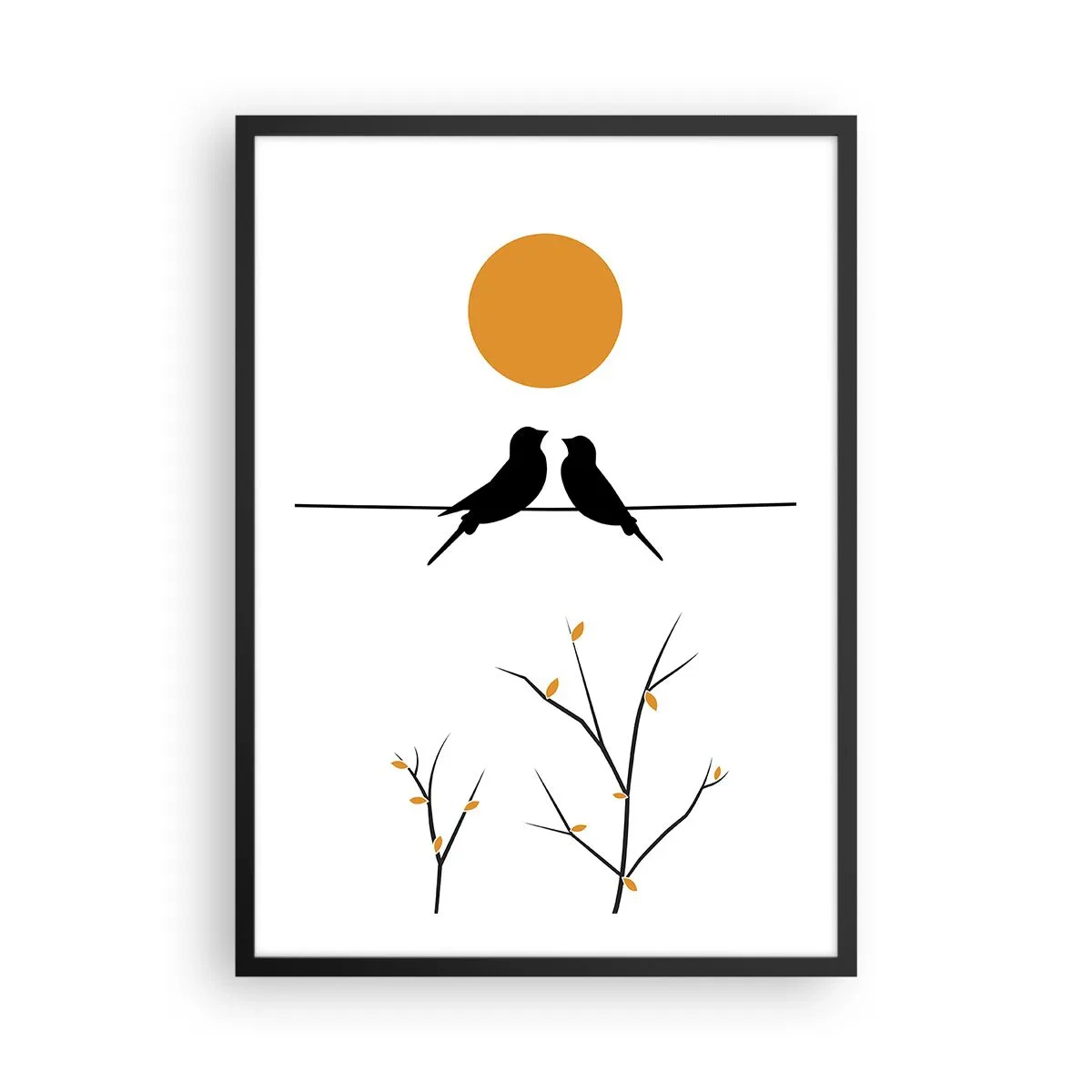 Plakat i sort ramme - To fugle på en gren med en orange sol i baggrunden - 50x70cm - Nattergal - Moderne vægdekoration til stue og soveværelse ARTTOR