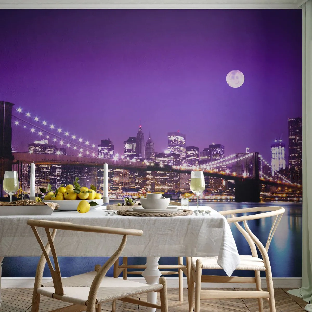 Fototapet Premium Canvas - Storbyens lys i lilla - By, New York, Brooklyn Bridge - 300x210 cm
