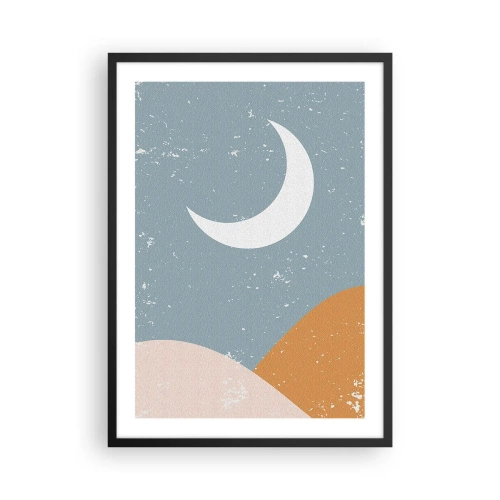 Plakat i sort ramme - En minimalistisk måne over et abstrakt landskab. - 50x70cm - De mange nætters mirakel - Moderne vægdekoration til stue og soveværelse ARTTOR