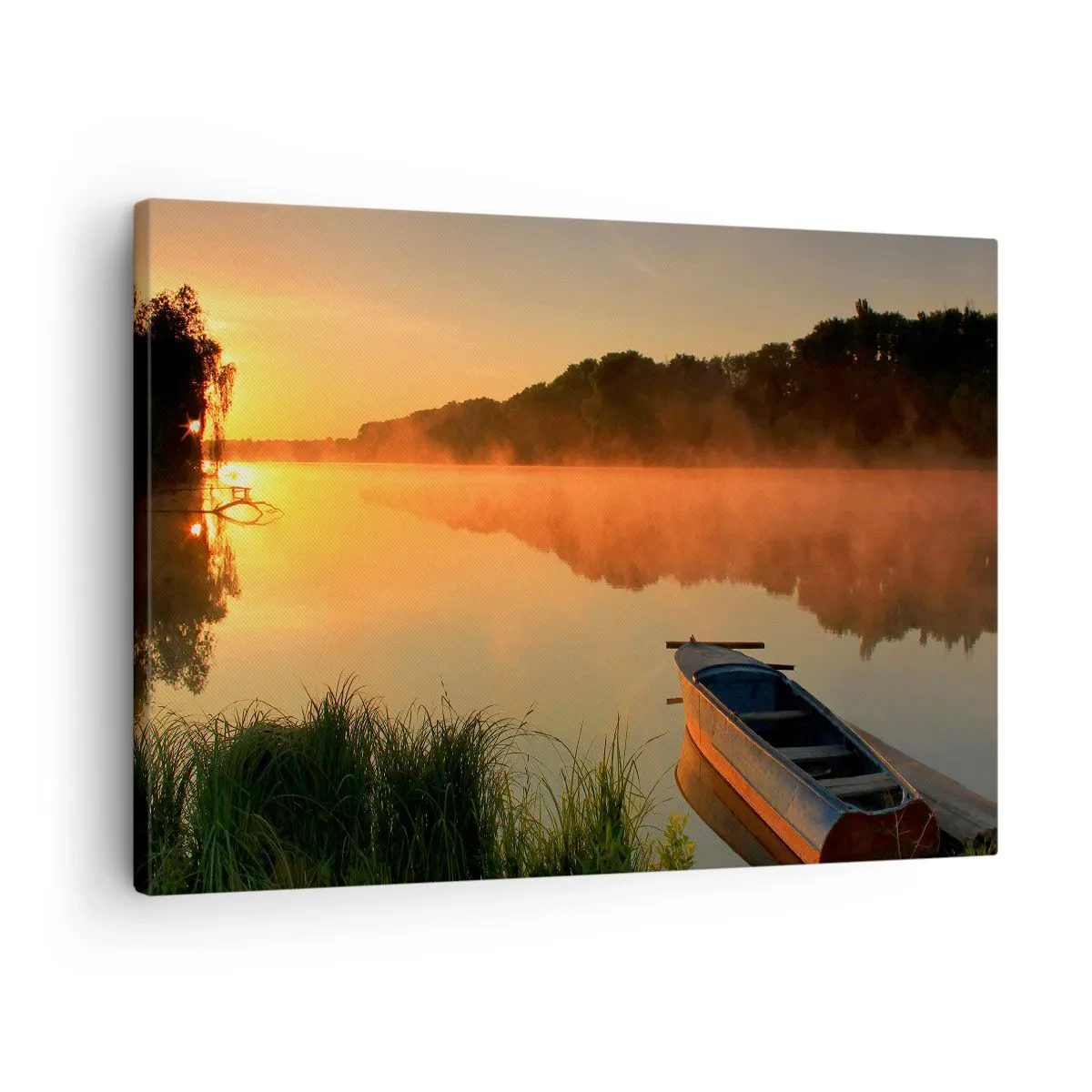 Lærredstryk - Billede på lærred - Morgentåge over floden med en båd i solens stråler - 70x50cm - Solopgang over vand som en spejlplade - Moderne vægdekoration til stue og soveværelse ARTTOR