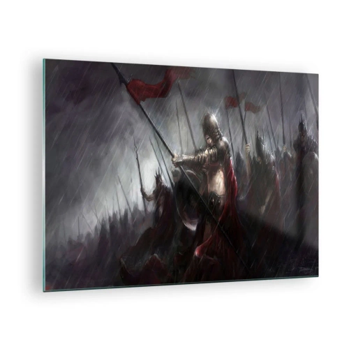 Billede på glas - Riddere i regnen på slagmarken i fuldt udstyr - 70x50cm - Forbipasserende, fortæl Sparta... - Moderne vægdekoration til stue og soveværelse ARTTOR