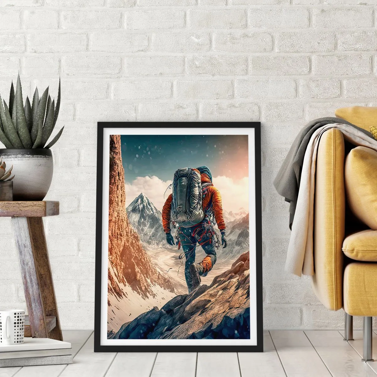 Plakat i sort ramme - Bjergbestigning blandt majestætiske tinder - 50x70cm - Ensom kriger - Moderne vægdekoration til stue og soveværelse ARTTOR