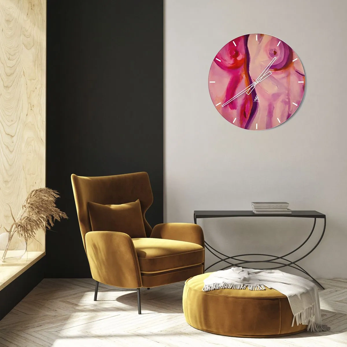 Vægur, Uret - Kunstneriske abstrakte former i nuancer af lyserød og rød - 30x30cm - En ode til kvindelighed - Moderne vægdekoration til stue, køkken og soveværelse ARTTOR