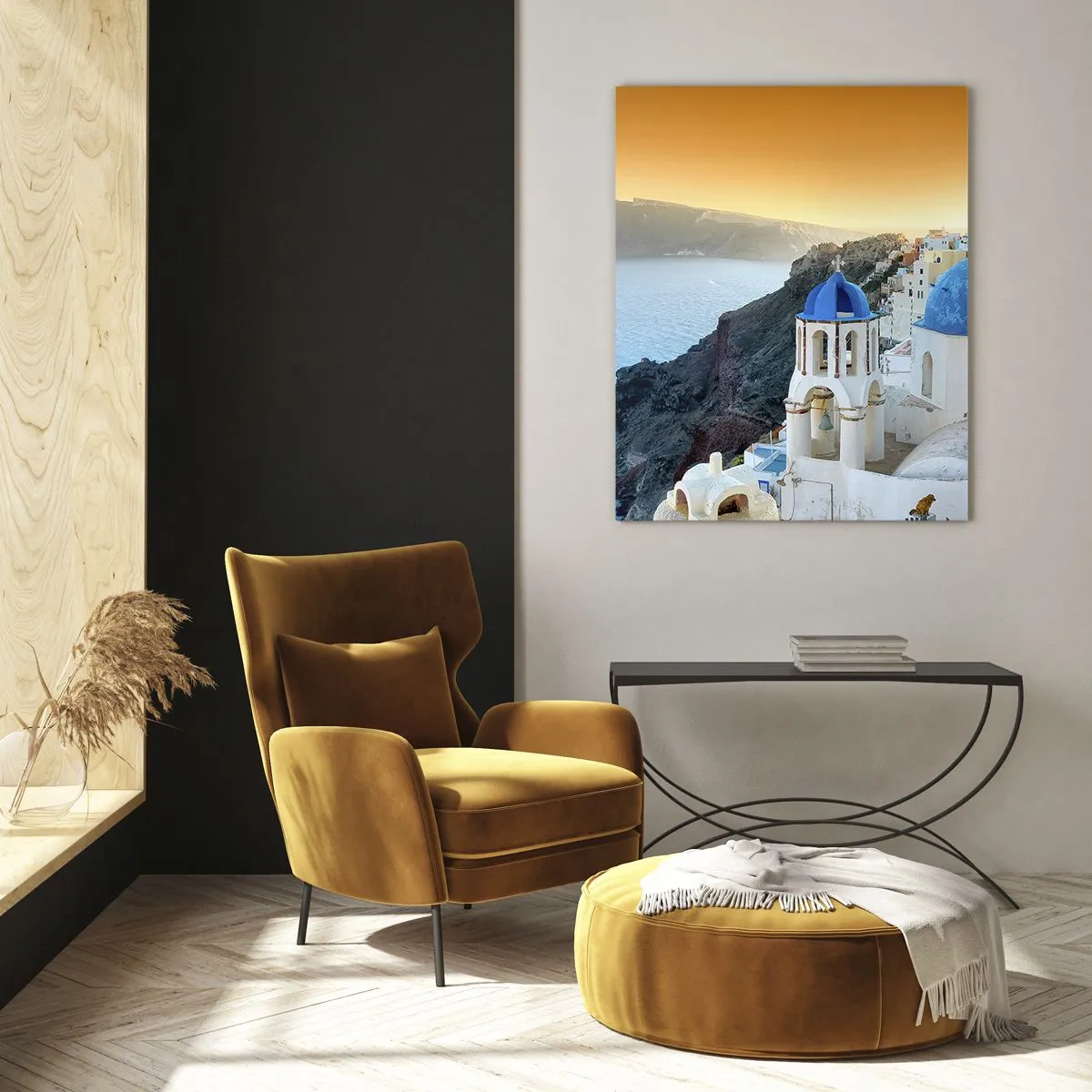 Billede på glas - Santorini - omfavnet af klipperne - 50x70 cm