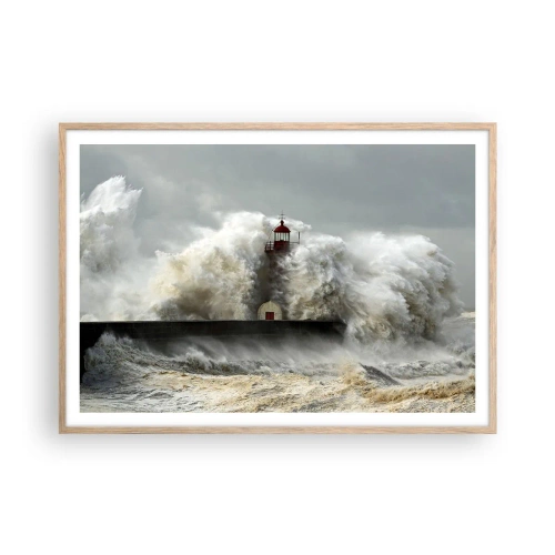 Plakat i ramme af lyst egetræ - Havets vrede - 100x70 cm