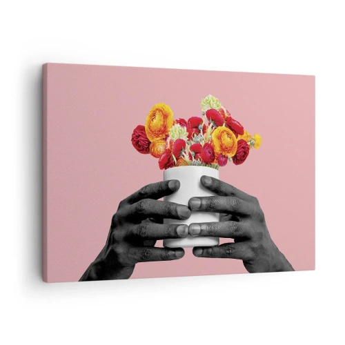 Lærredstryk - Billede på lærred - Hænder, der holder en buket farverige blomster - 70x50cm - Livets apotheose - Moderne vægdekoration til stue og soveværelse ARTTOR