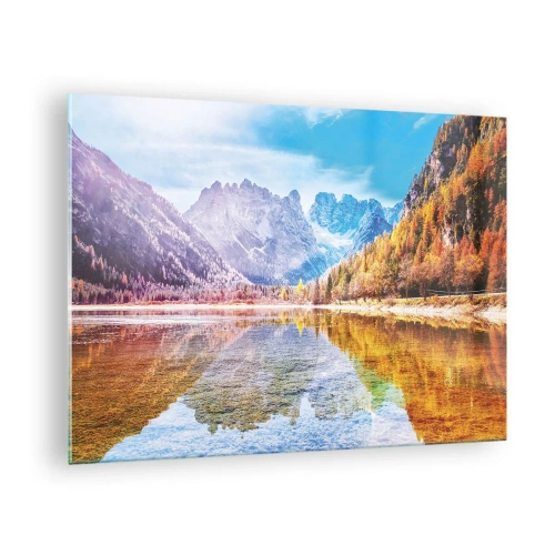 Billede på glas - Efterårsbjerge spejlet i søen, omgivet af farverige træer - 70x50cm - Og det er allerede efterår i bjergene - Moderne vægdekoration til stue og soveværelse ARTTOR
