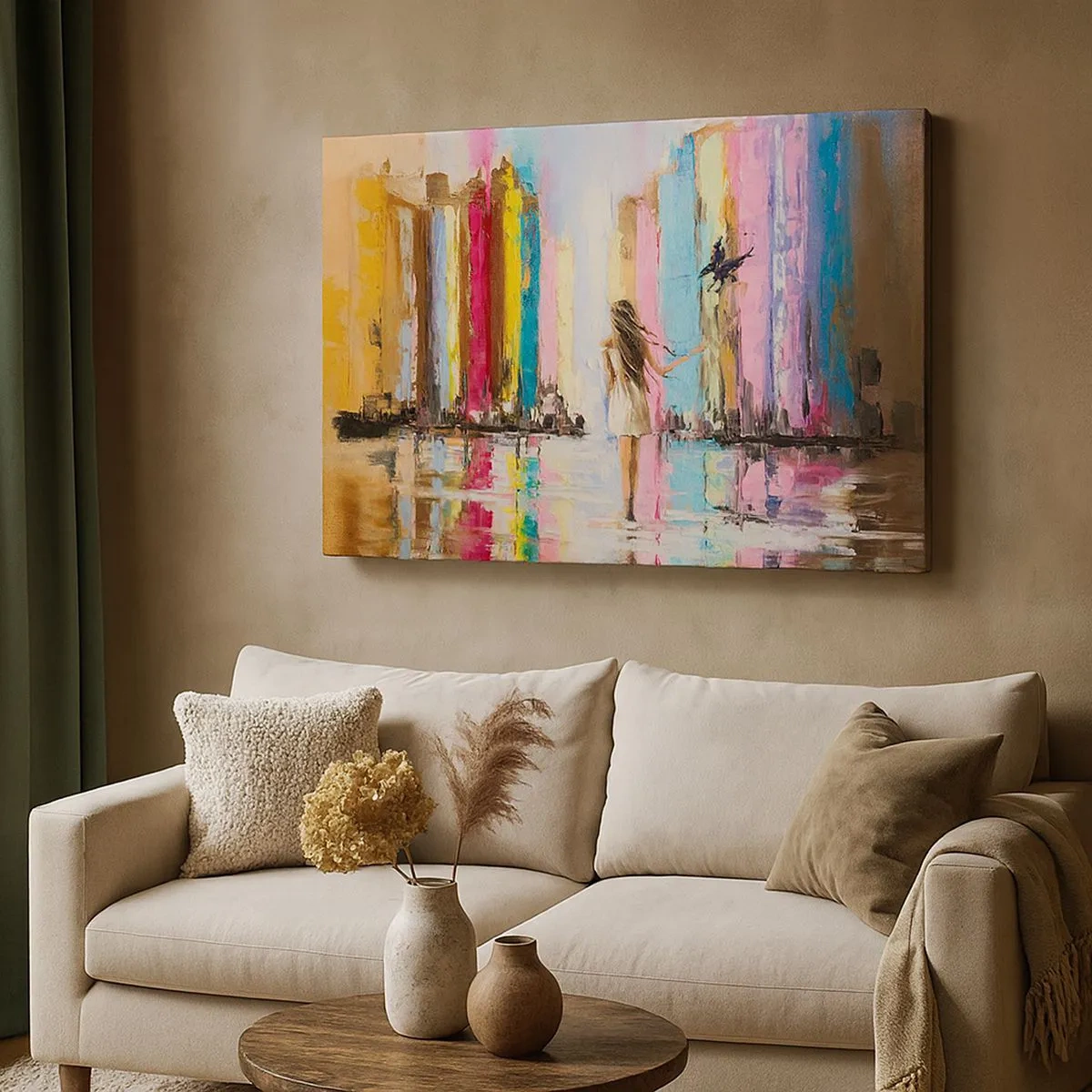 Lærredstryk - Billede på lærred - En farverig by og en kvinde i en hvid kjole med en fugl - 70x50cm - Følg mig - Moderne vægdekoration til stue og soveværelse ARTTOR