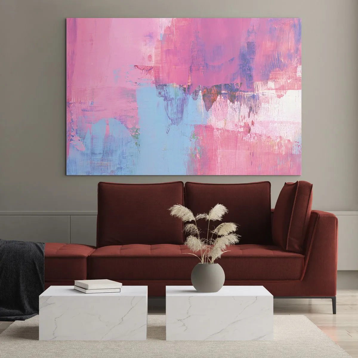 Billede på glas - Lyserød, blå og en knivspids lys - 120x80 cm