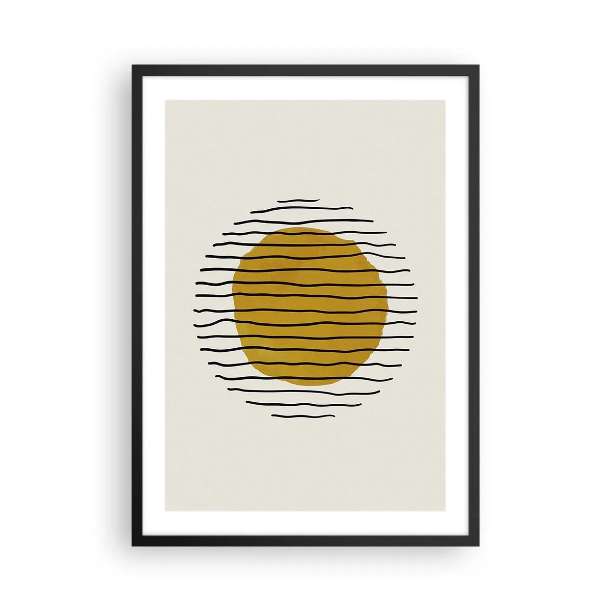 Plakat i sort ramme - Minimalistisk grafik med en gul cirkel og sorte linjer - 50x70cm - Abstraktion, der skælver af varme - Moderne vægdekoration til stue og soveværelse ARTTOR