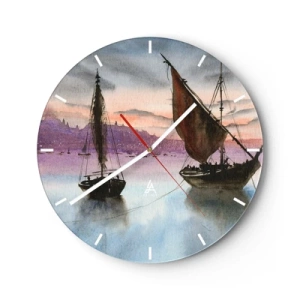 Vægur, Uret - Sejlskibe på vandet ved solnedgang - 30x30cm - Aften i havnen - Moderne vægdekoration til stue, køkken og soveværelse ARTTOR